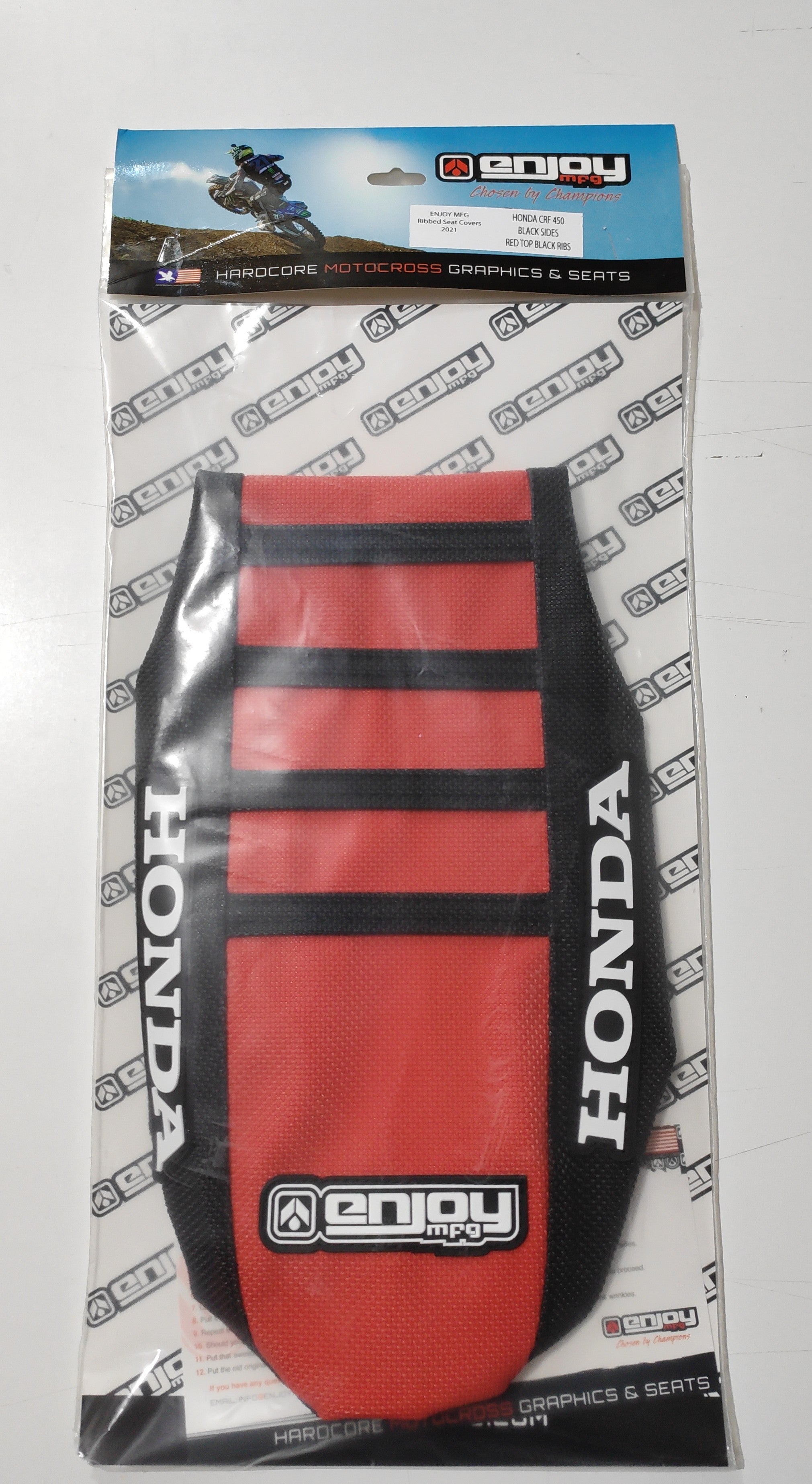 Enjoy Manufacturing Honda Seat Cover CR 125 1998 - 1999 CR 250 1997 - 99 Ribbed Logo, Black / Red / Black